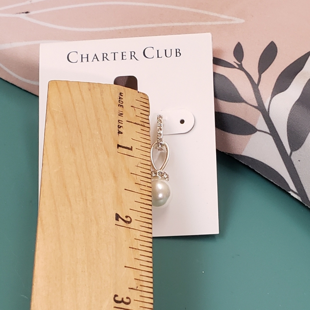 Charter Club, NWT, Silver tone pearl drop dangle jeweled pierced earrings - Picture 7 of 10